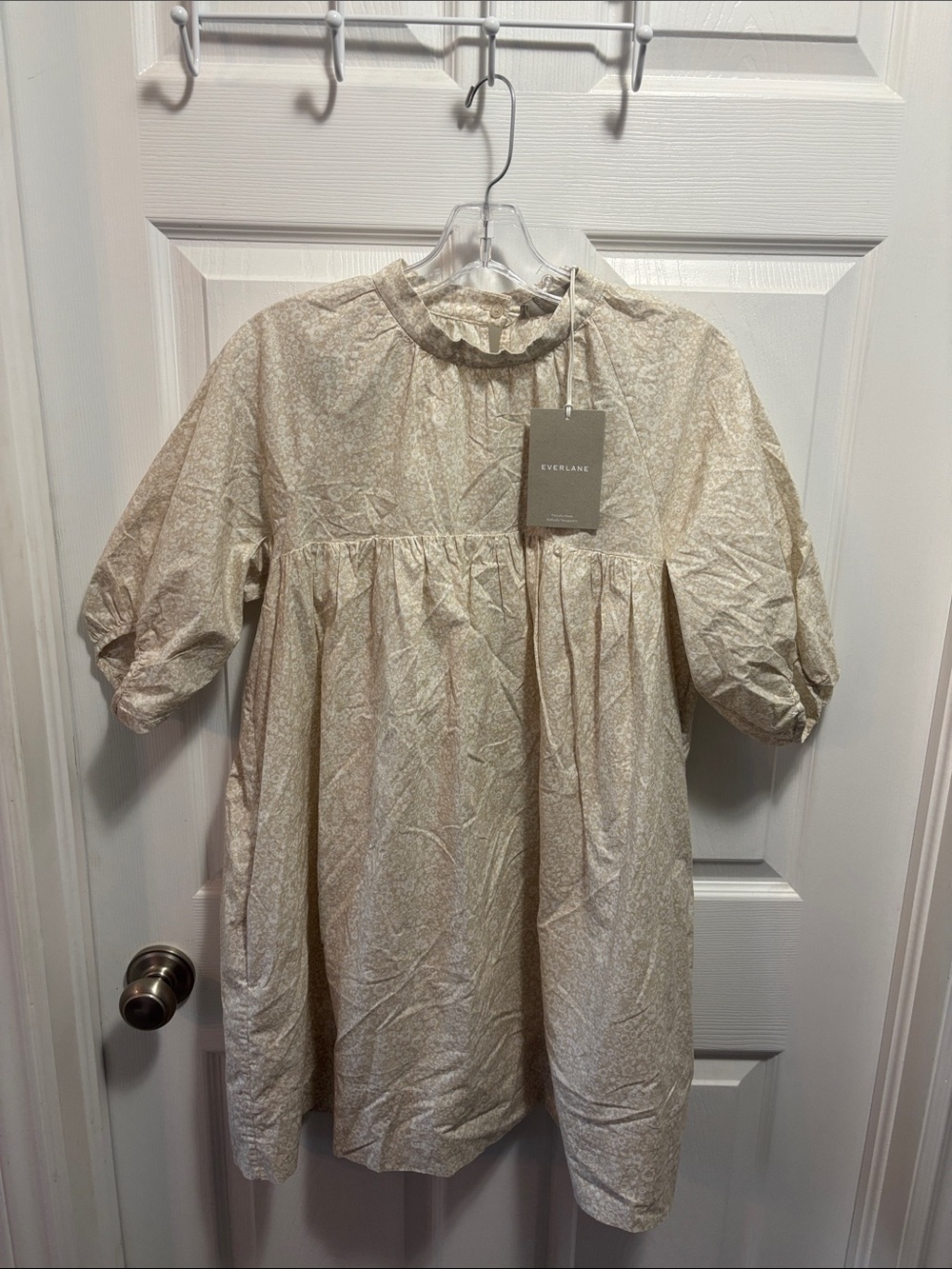 Everlane The Shirred Sandstone Floral Puff Sleeve Mini Yoke Dress